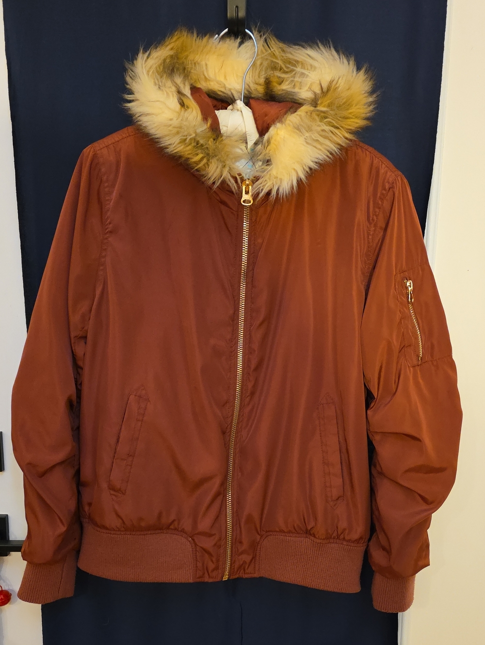Angel Kiss Earthtone Rust Hooded Bomber Jacket With Faux-Fur Trim Casual Chic XL